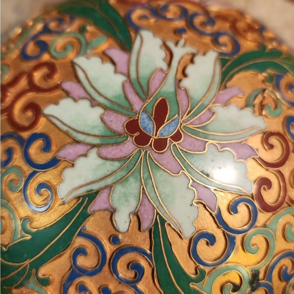 Hand-Painted Floral Cloisonné Ginger Jar - Gold and Green